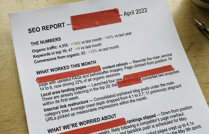 One of the SEO reports we used to send clients by hand, with the client name redacted